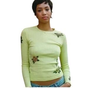 Teddy Fresh Womens M Rose Ribbed Long Sleeve Top Lime Green Tattoo Graphic